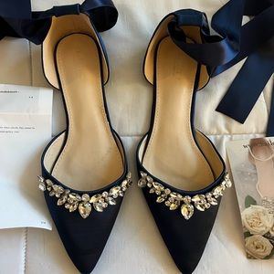 Kailee P. Navy Blue Satin Pointy Toe Flats with Teardrop Rhinestones